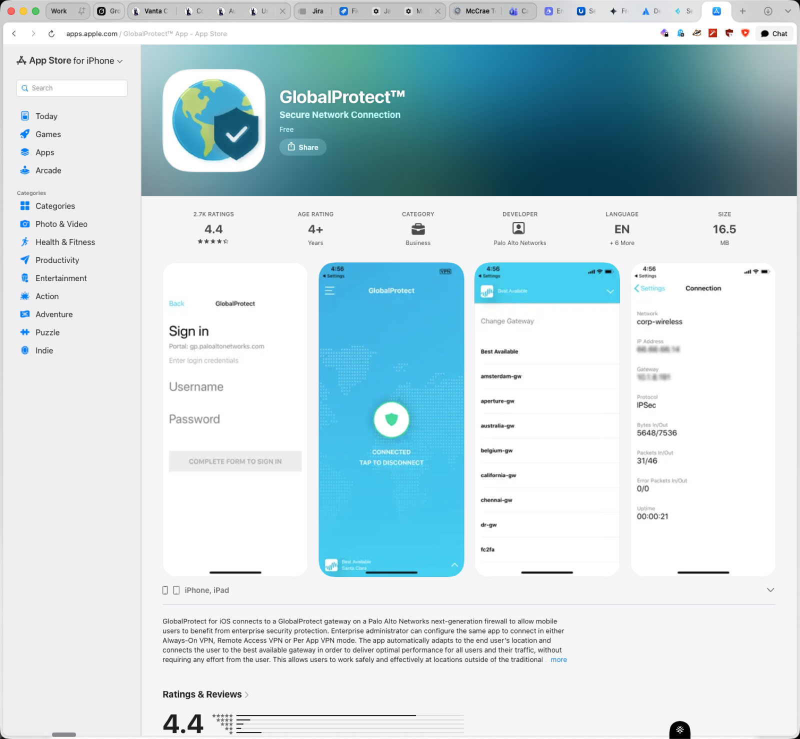 App Store page for GlobalProtect by Palo Alto Networks showing the app icon, rating, and iPhone previews